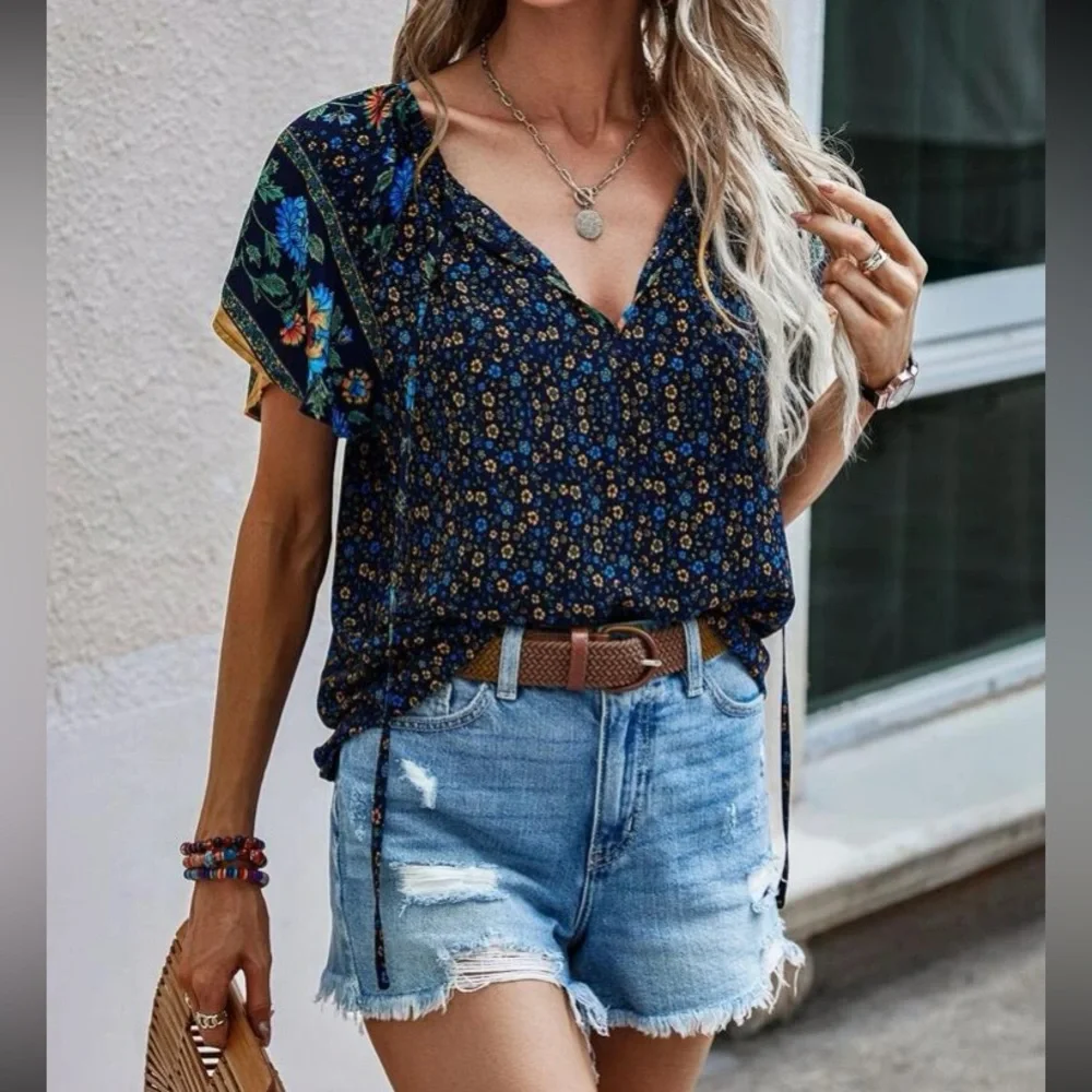 Boho navy blue  floral print blouse